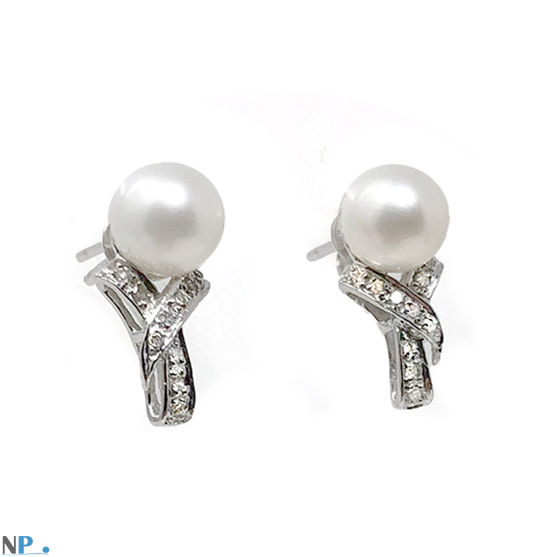 Boucles d'oreilles en Or 18 carats avec diamants et perles de culture d'Akoya qualité AAA diamètre 6,5 à 7,0 mm